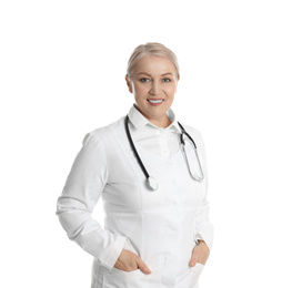 Photo of Mature doctor with stethoscope on white background