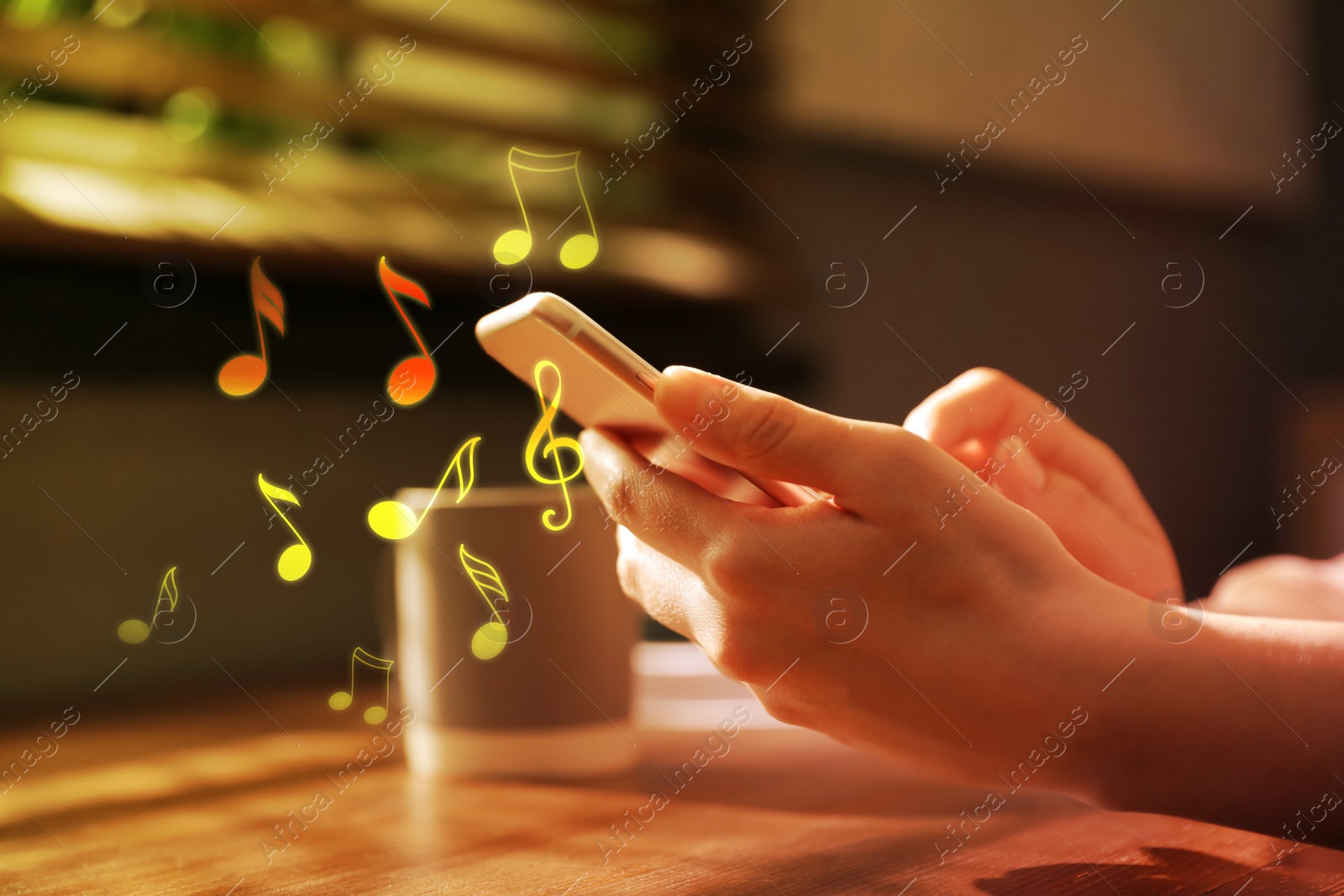 Image of Woman listening to music on mobile phone indoors, closeup. Music notes illustrations flowing from gadget