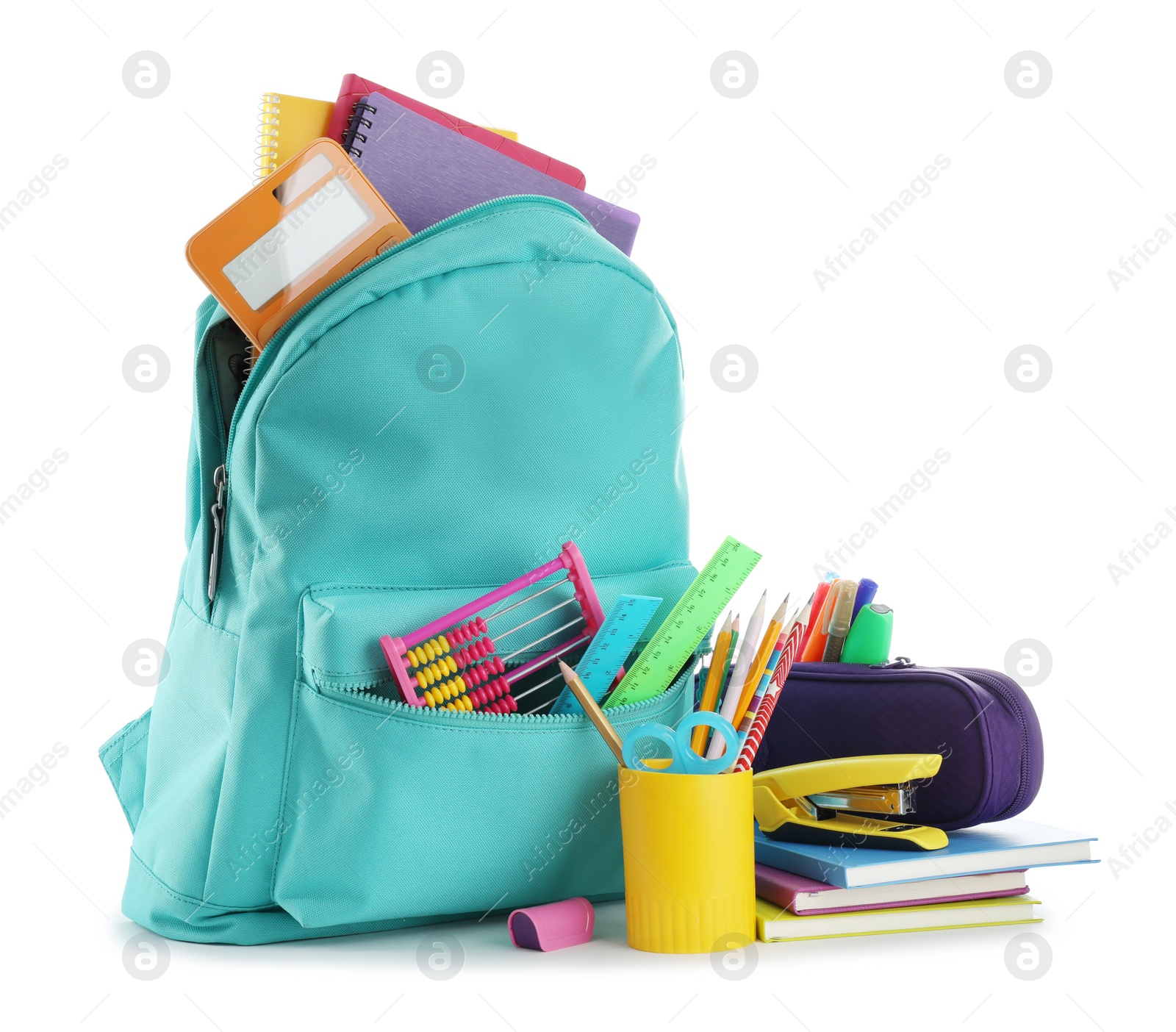 Photo of Bright backpack with school stationery isolated on white