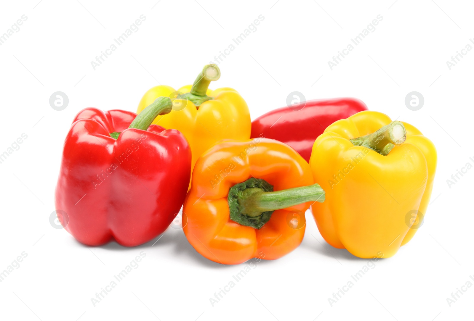 Photo of Fresh ripe bell peppers on white background