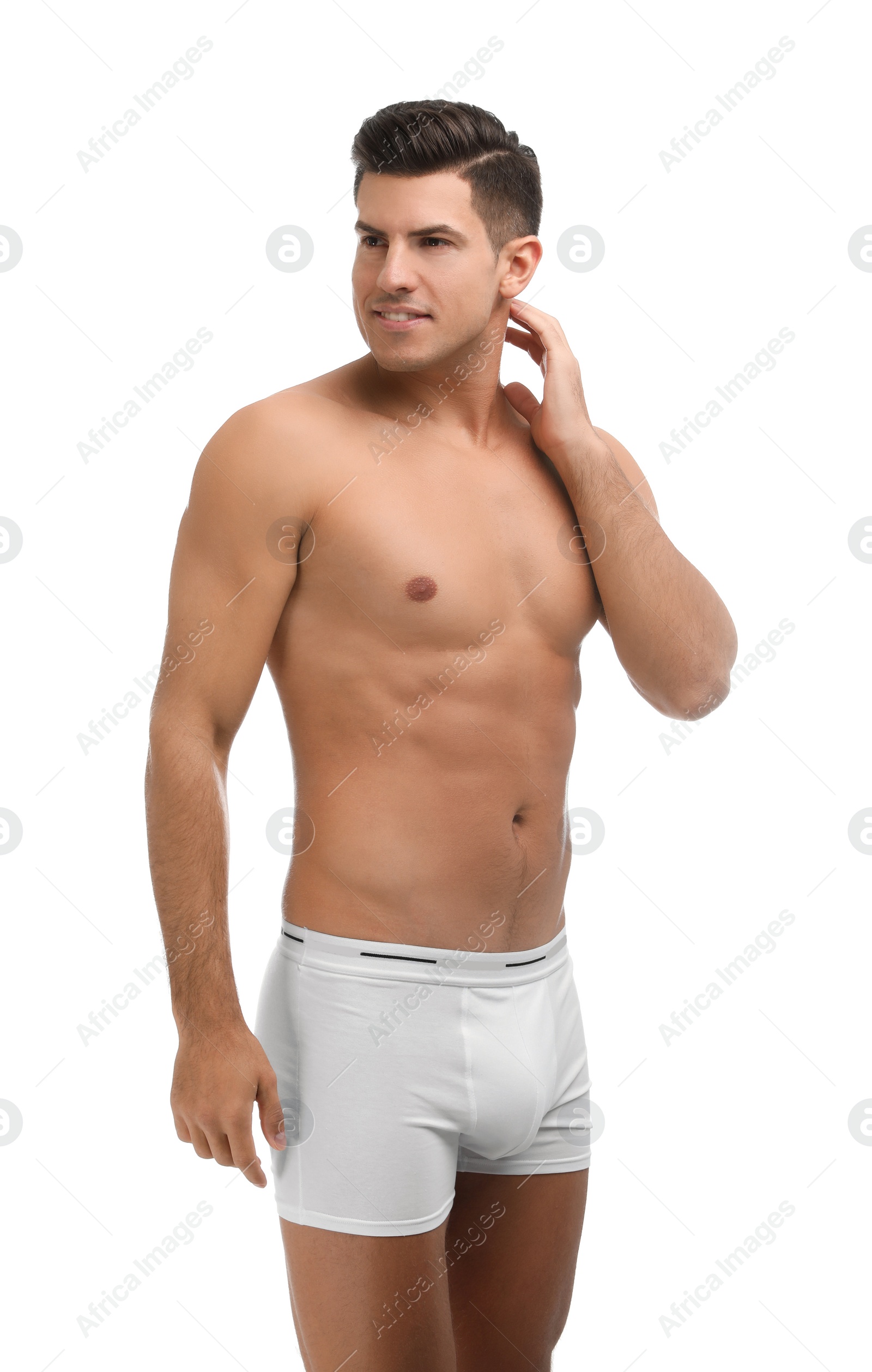 Photo of Handsome man in underwear on white background