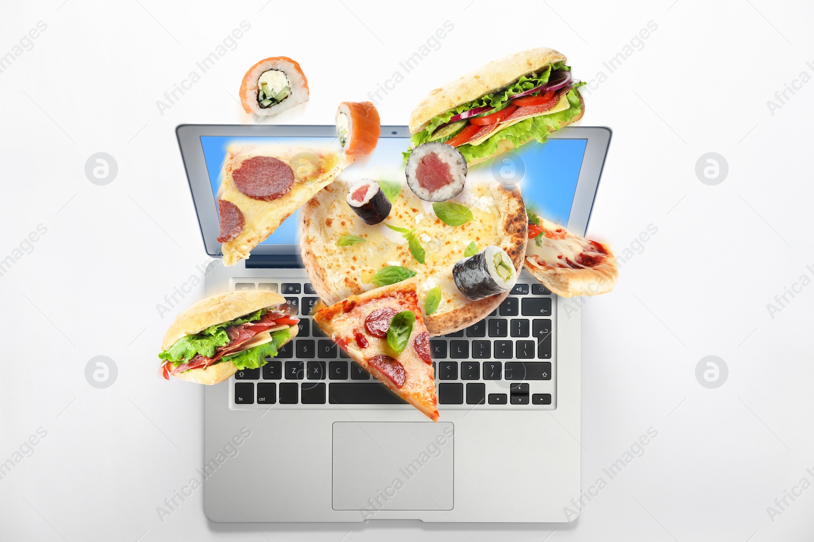 Image of Modern laptop with open page of online food delivery service on white background, top view