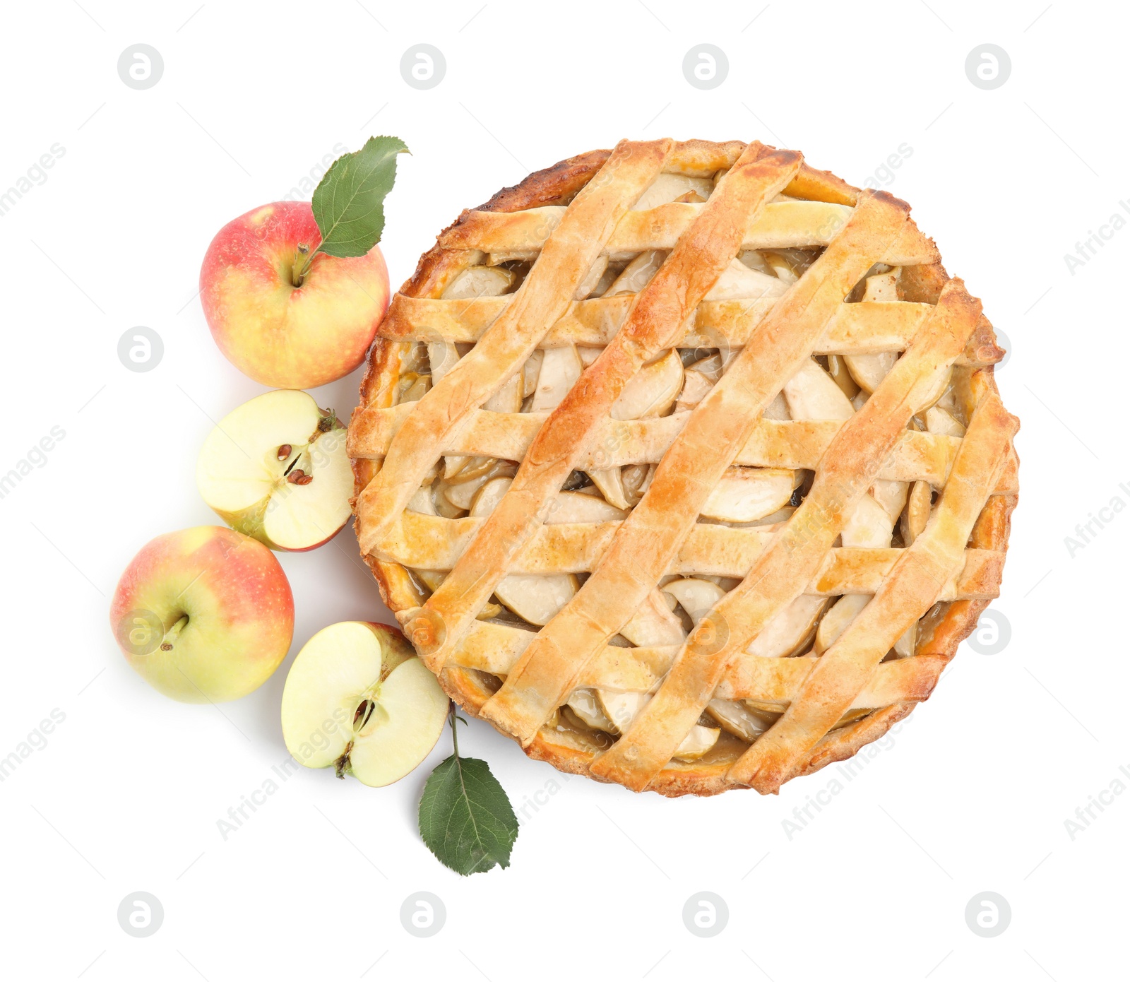 Photo of Delicious traditional apple pie and fresh fruits on white background, top view