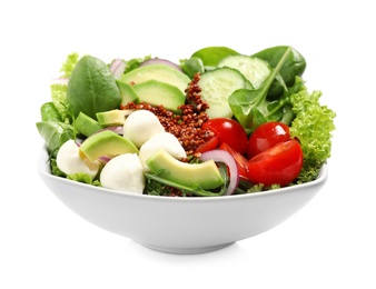 Delicious salad with avocado and quinoa in bowl on white background