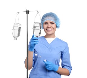 Photo of Nurse setting up IV drip on white background