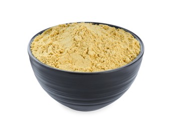 Photo of Aromatic mustard powder in bowl on white background