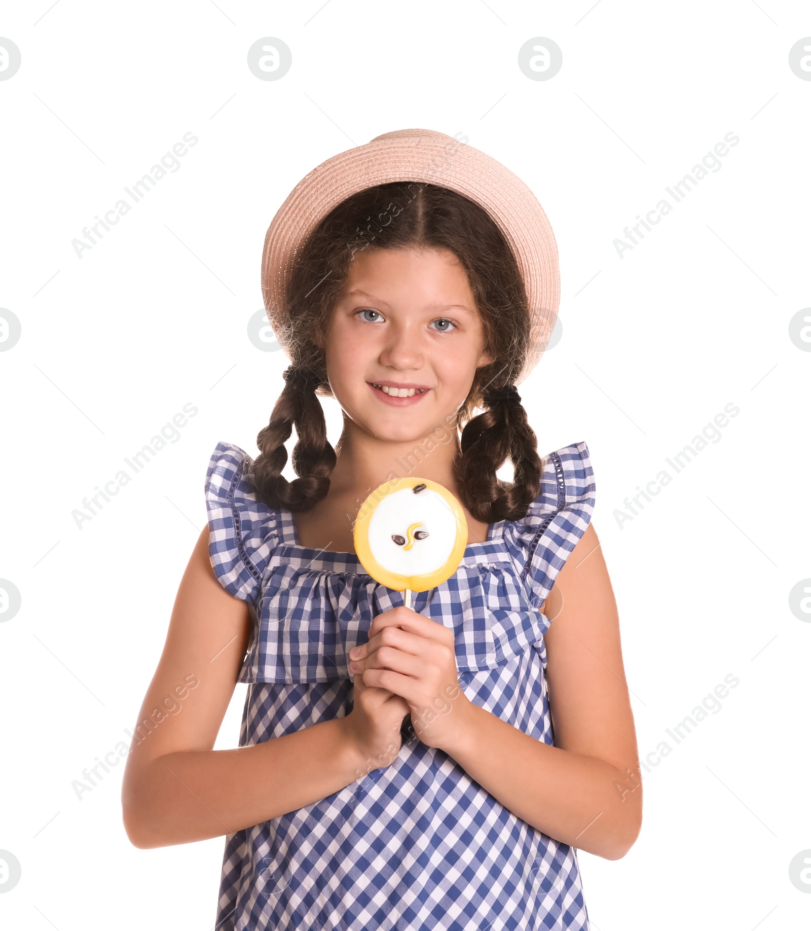 Photo of Little girl with candy on white background