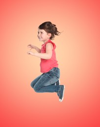 Happy cute girl jumping on color gradient background