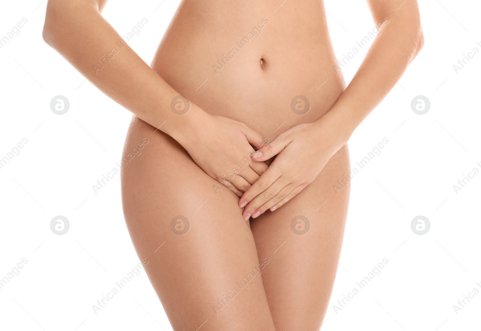 Photo of Woman with smooth skin on white background, closeup. Brazilian bikini epilation