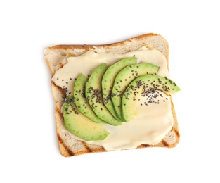 Slice of bread with spread and avocado on white background, top view