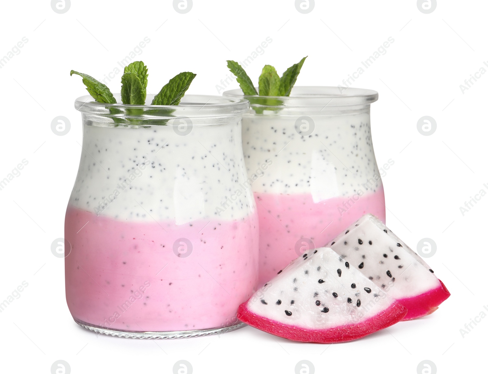 Photo of Delicious pitahaya smoothie with mint and fresh fruit on white background