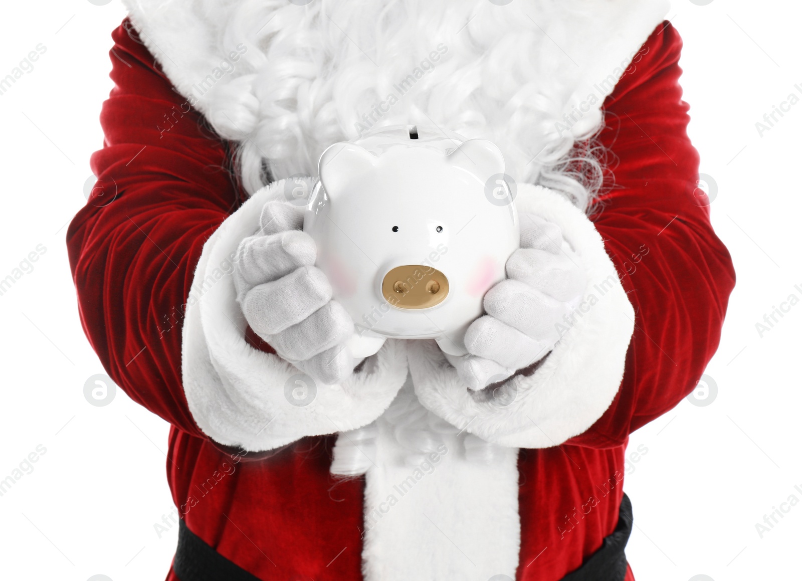 Photo of Santa Claus holding piggy bank on white background, closeup