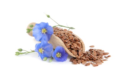 Wooden scoop with flax flowers and seeds on white background