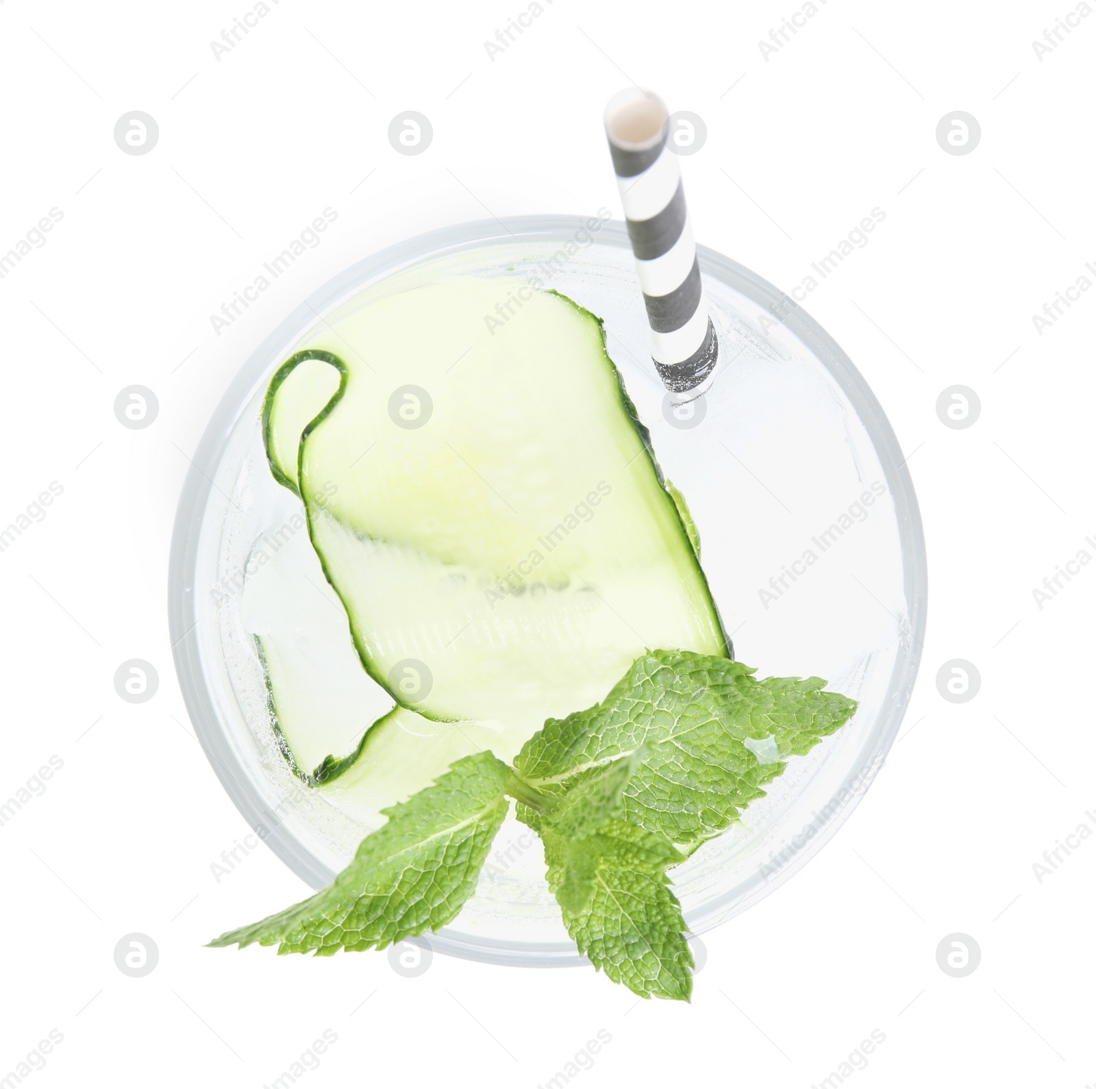 Photo of Refreshing cucumber water with mint in glass isolated on white, top view