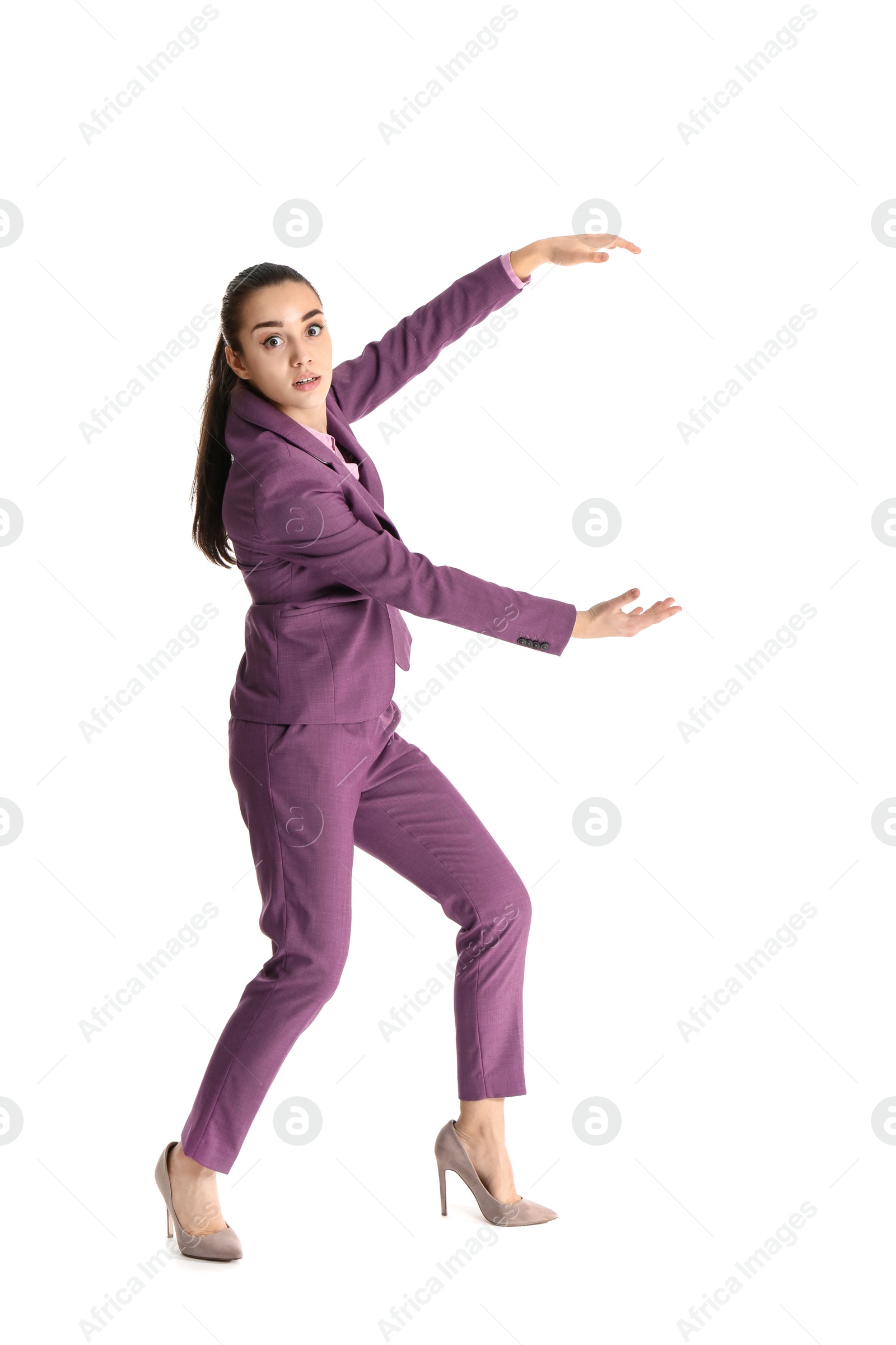 Photo of Businesswoman with magnet attracting people on white background