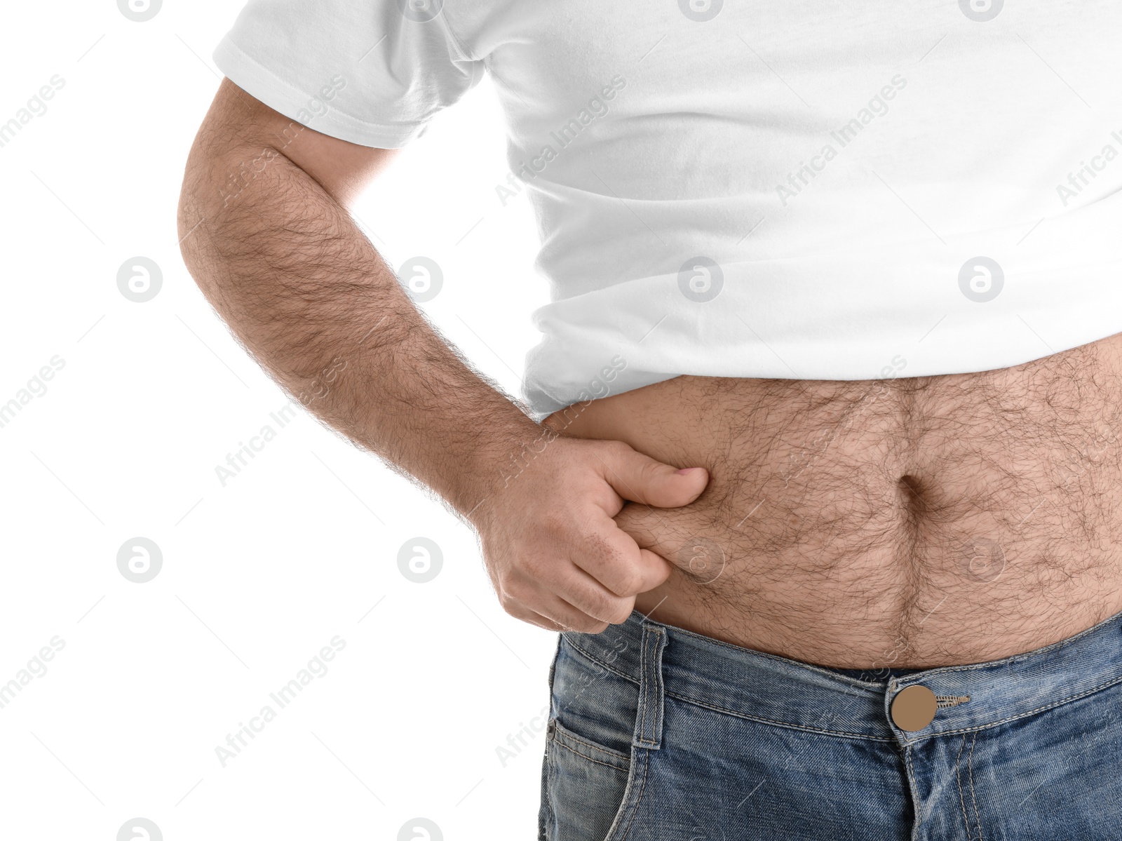 Photo of Overweight man with large belly isolated on white, closeup