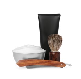 Set of men's shaving tools on white background