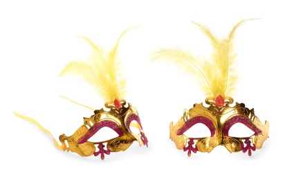 Image of Beautiful venetian carnival masks on white background 
