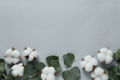 Photo of Cotton flowers and eucalyptus leaves on light grey background, flat lay. Space for text