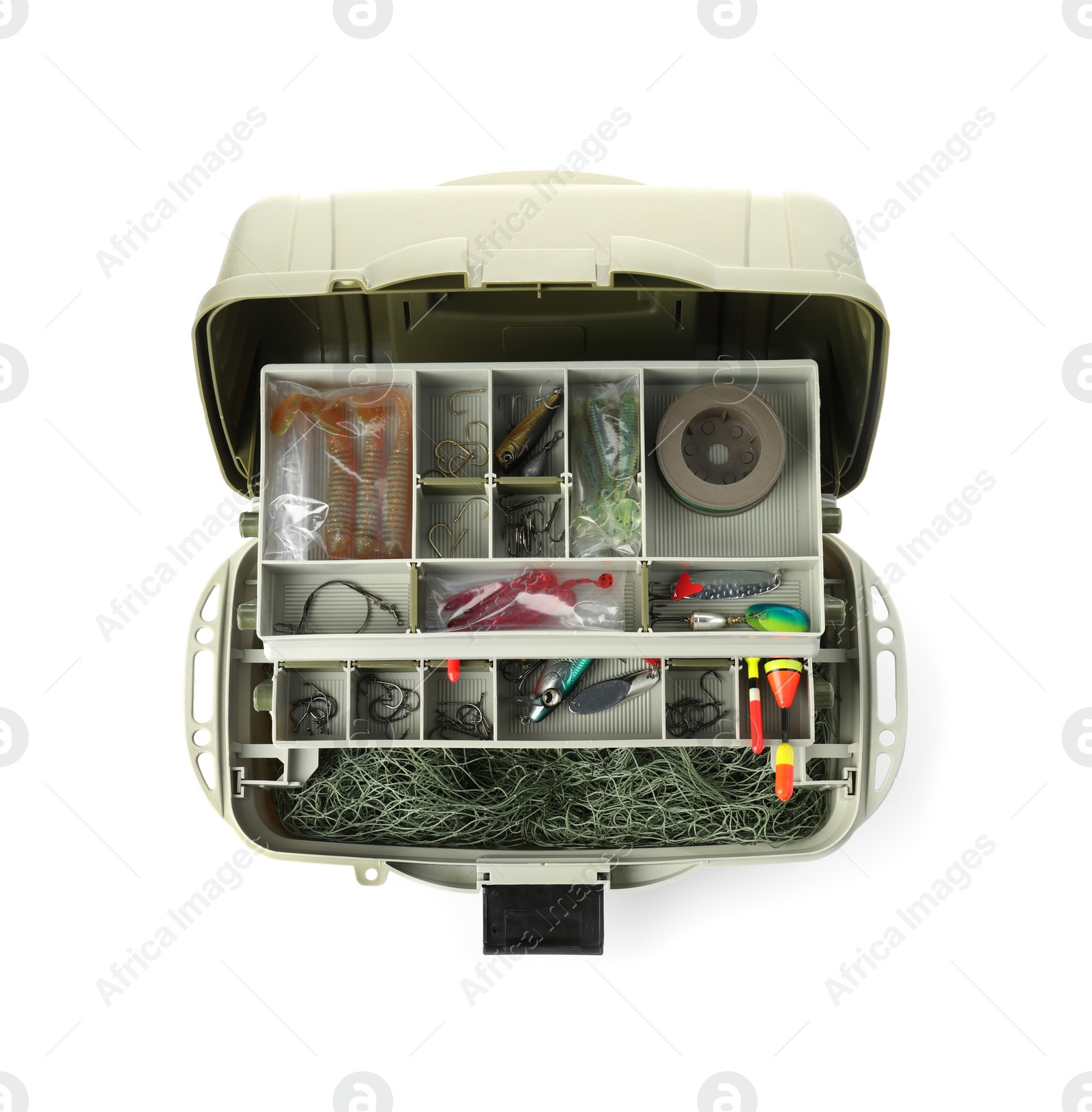 Photo of Box with fishing tackle on white background, top view
