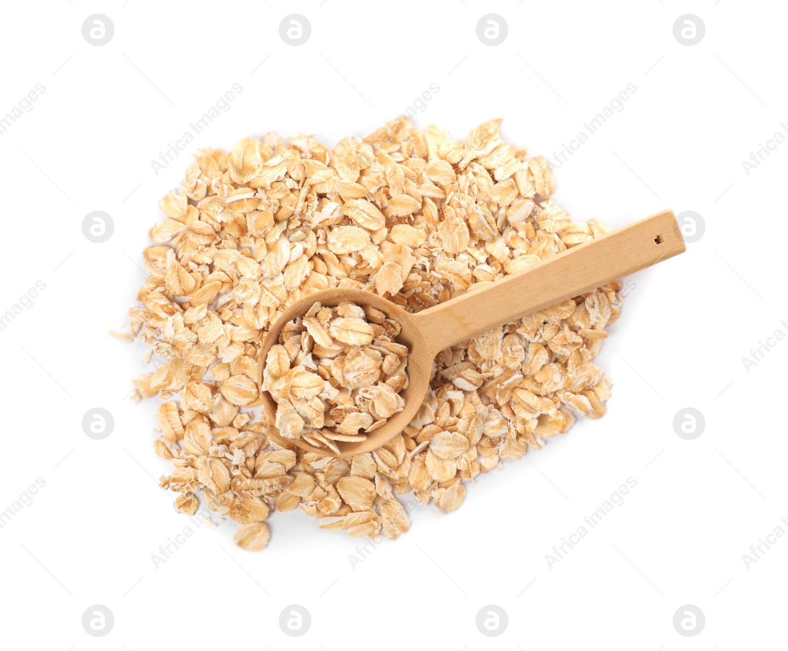 Photo of Wooden spoon with oatmeal isolated on white, top view