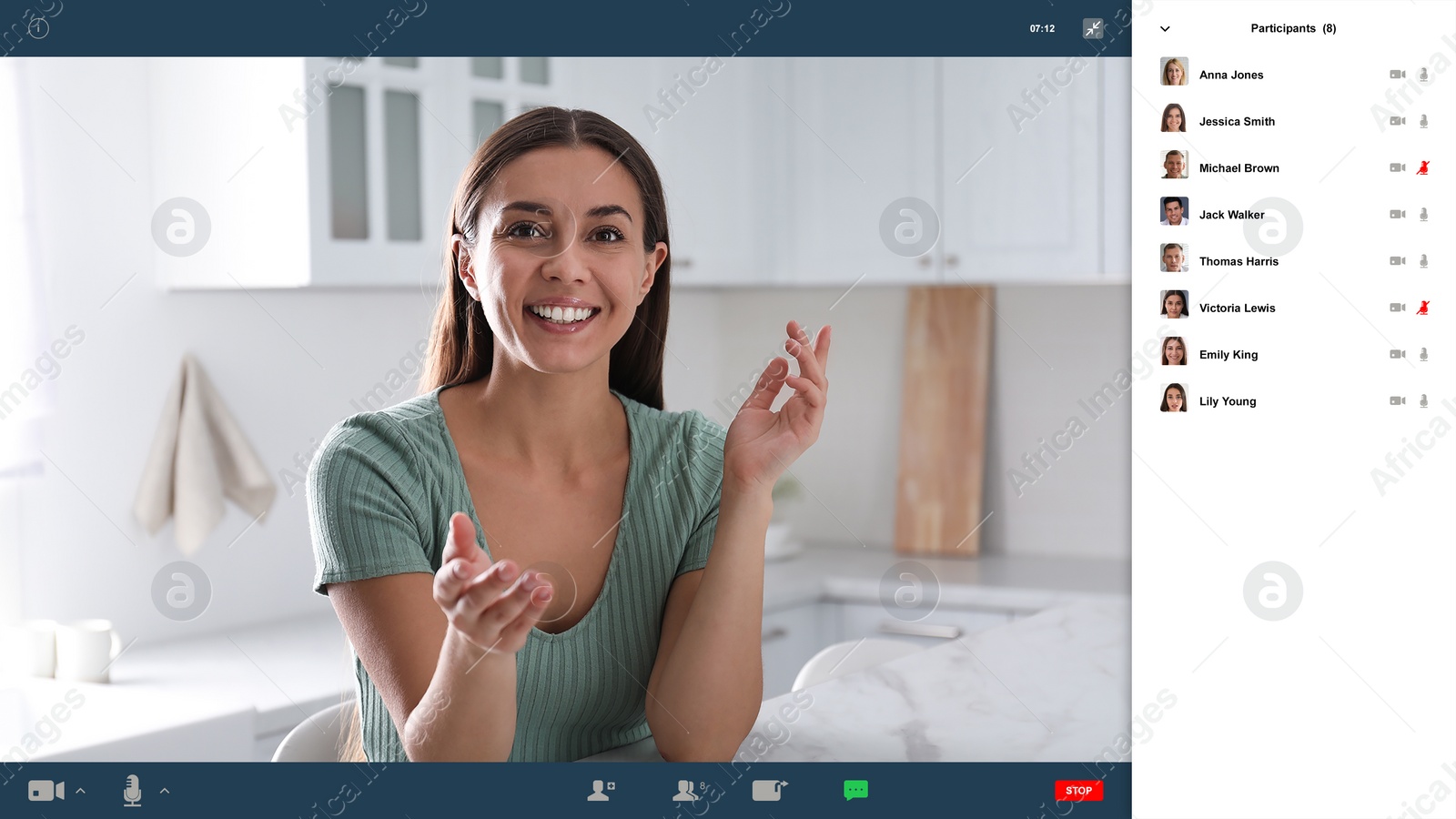 Image of Woman communicating with coworkers from home using video chat, view through camera