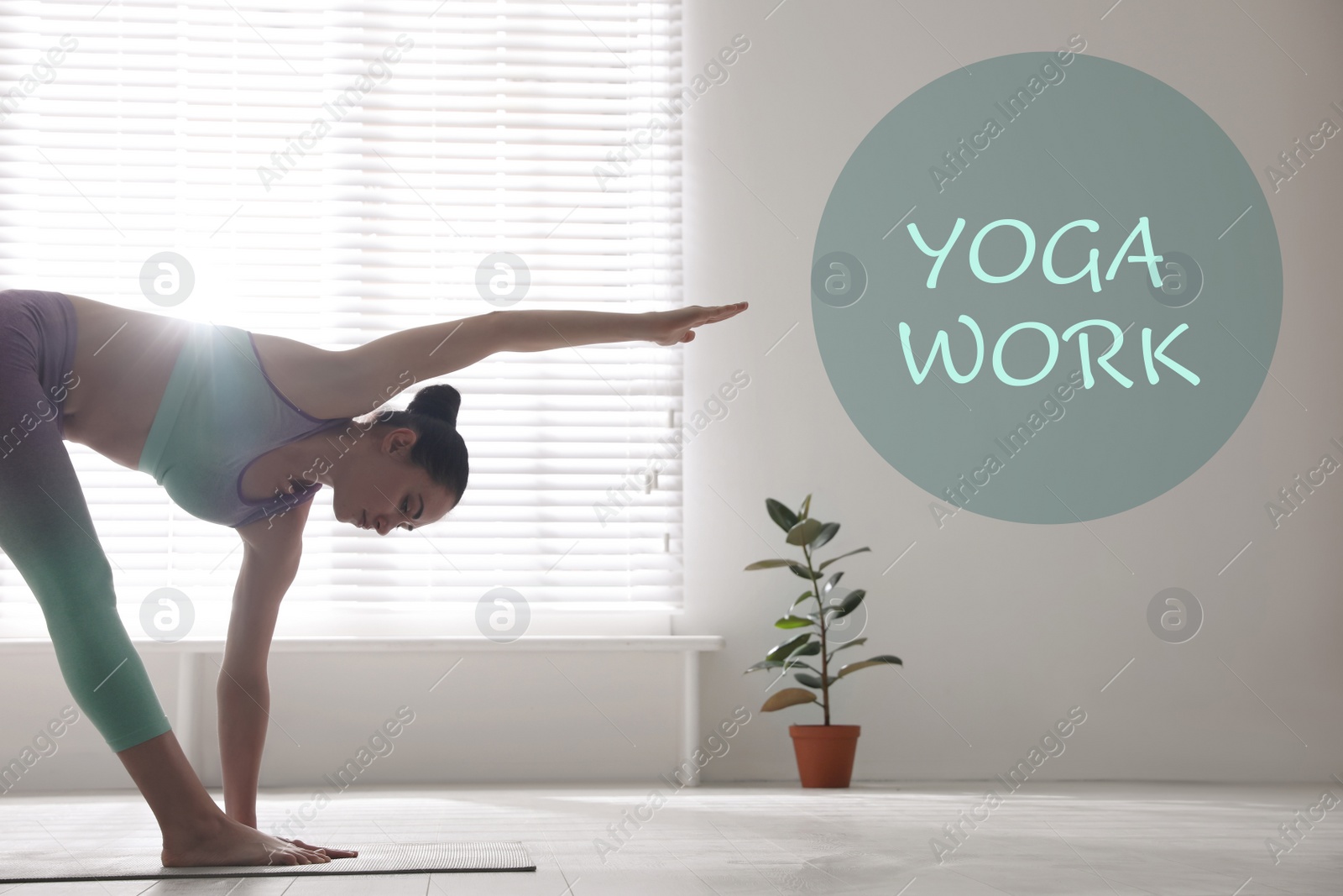 Image of Young woman in sportswear practicing yoga at home