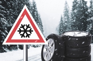 Image of Set of wheels with winter tires and road sign outdoors
