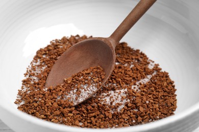 Bowl with instant coffee, sugar and spoon, closeup