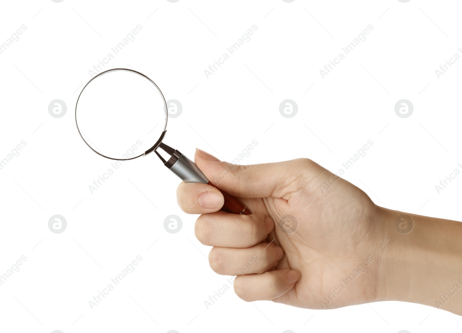 Photo of Woman holding magnifying glass on white background, closeup