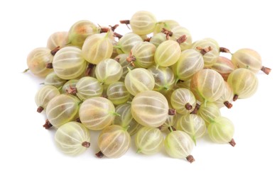 Photo of Pile of fresh ripe gooseberries on white background