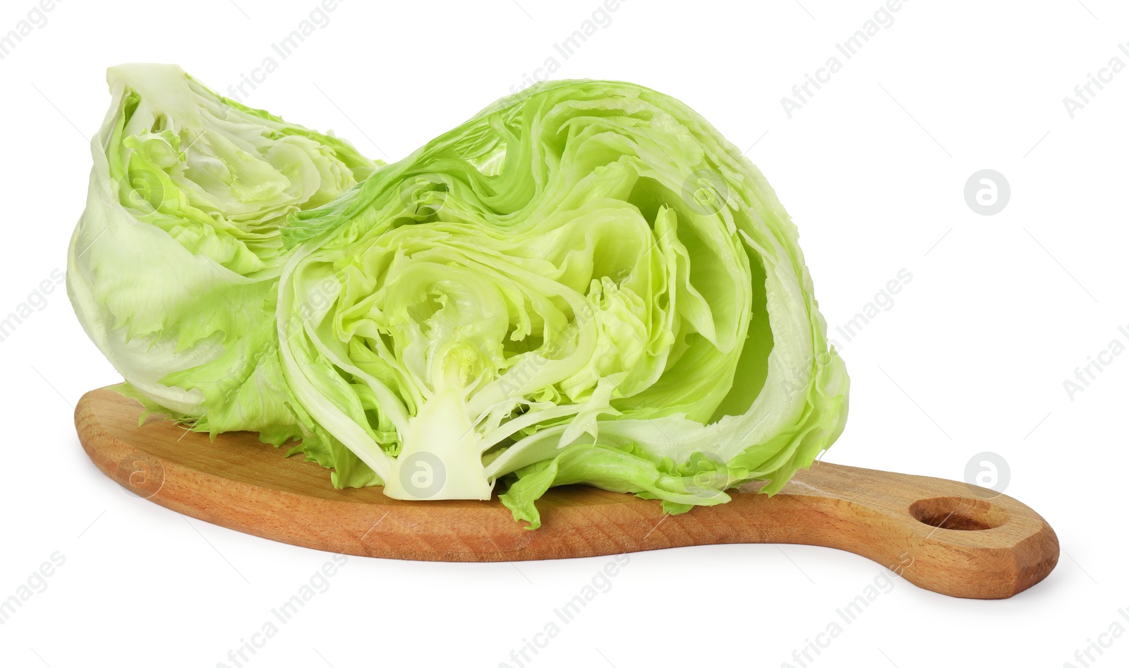 Photo of Halves of fresh green iceberg lettuce isolated on white