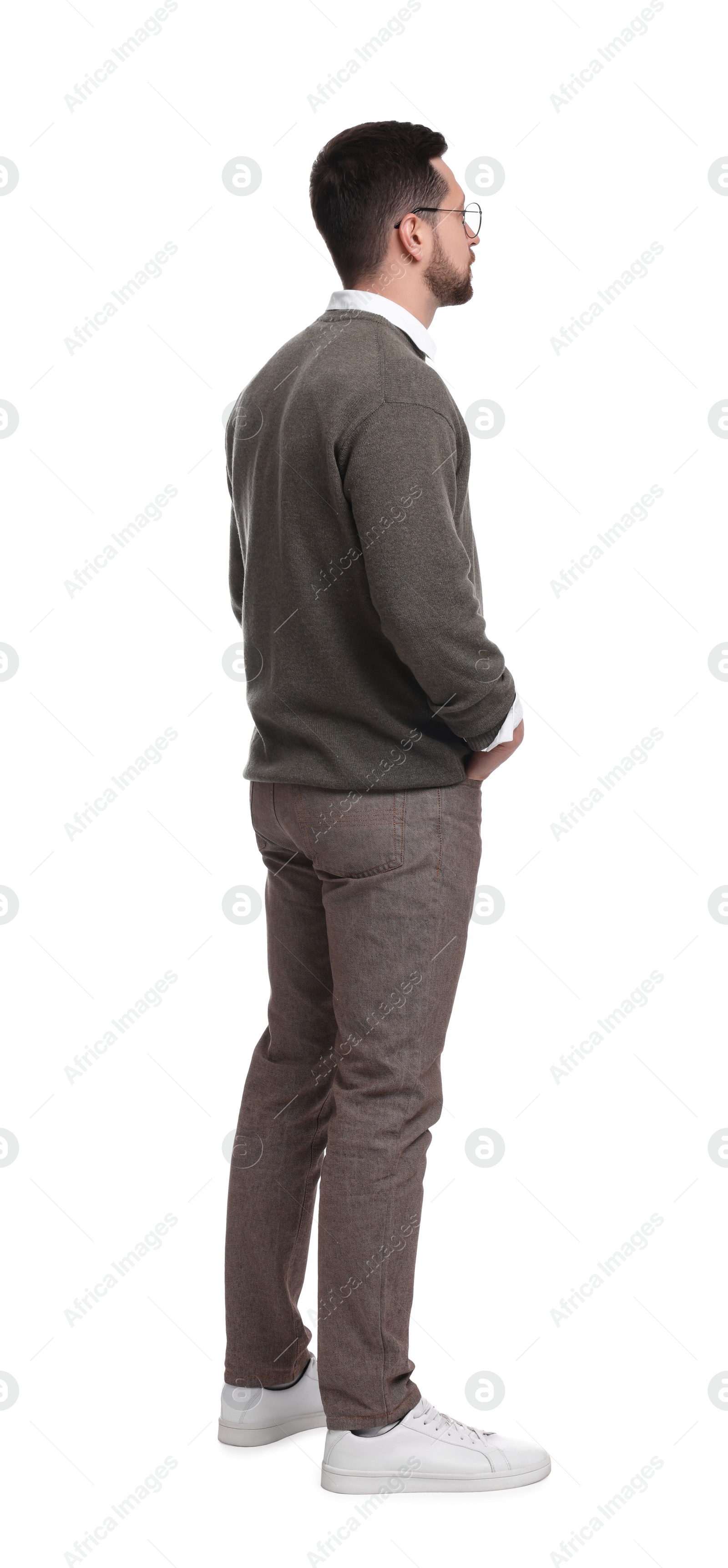 Photo of Handsome bearded businessman in eyeglasses on white background