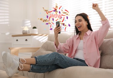 Image of Discount offer. Excited young woman holding smartphone at home. Confetti, streamers and word Wow flying from device