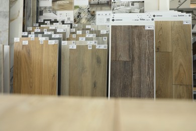 Assortment of tiles in store. Many different samples indoors