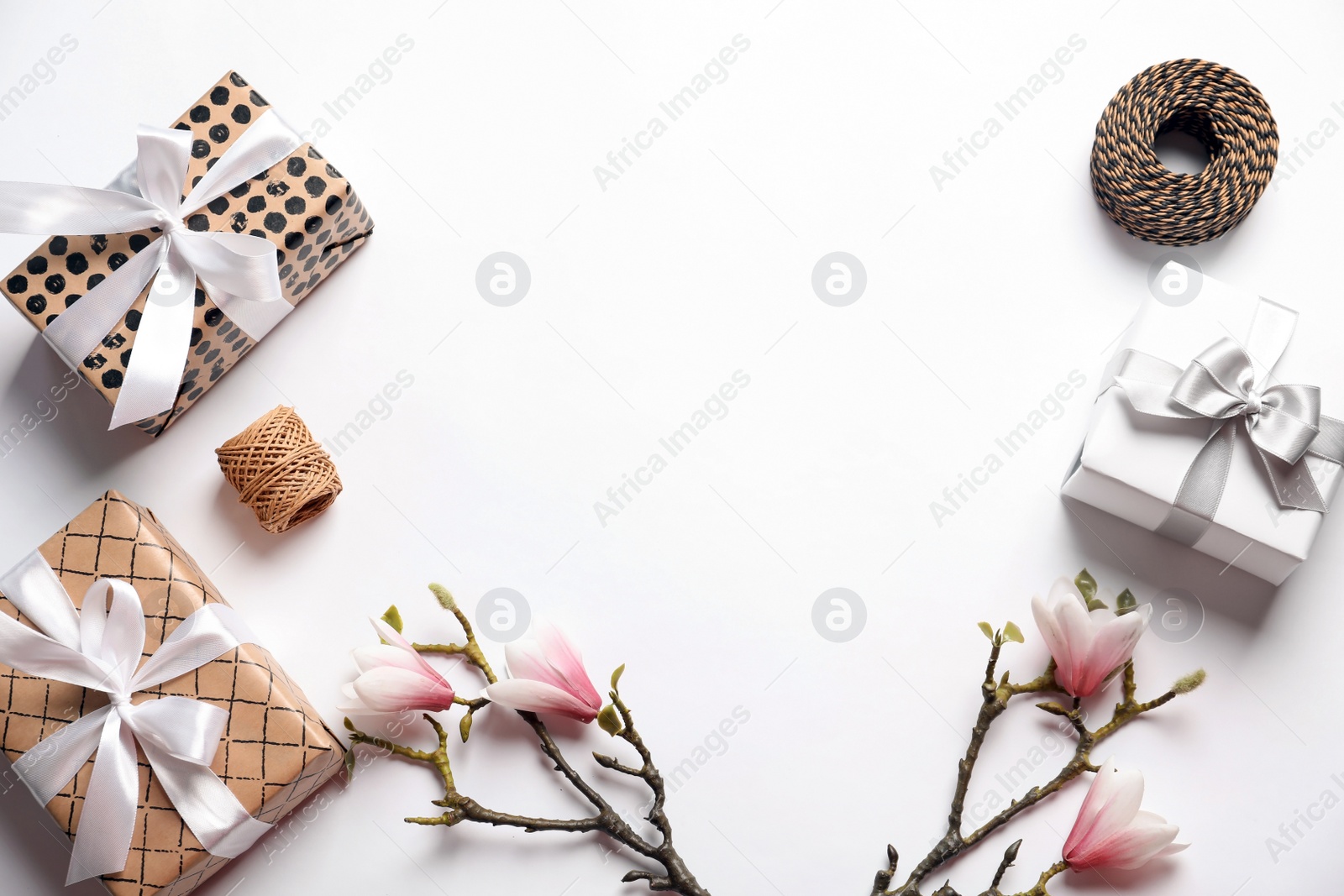 Photo of Beautiful composition with gift boxes on white background