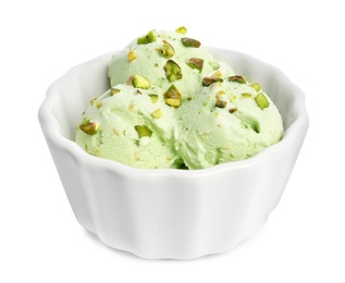 Bowl of sweet pistachio ice cream on white background