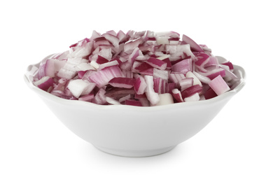 Chopped red onion in ceramic bowl isolated on white