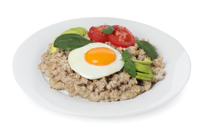 Photo of Delicious boiled oatmeal with fried egg, tomato, avocado and basil isolated on white