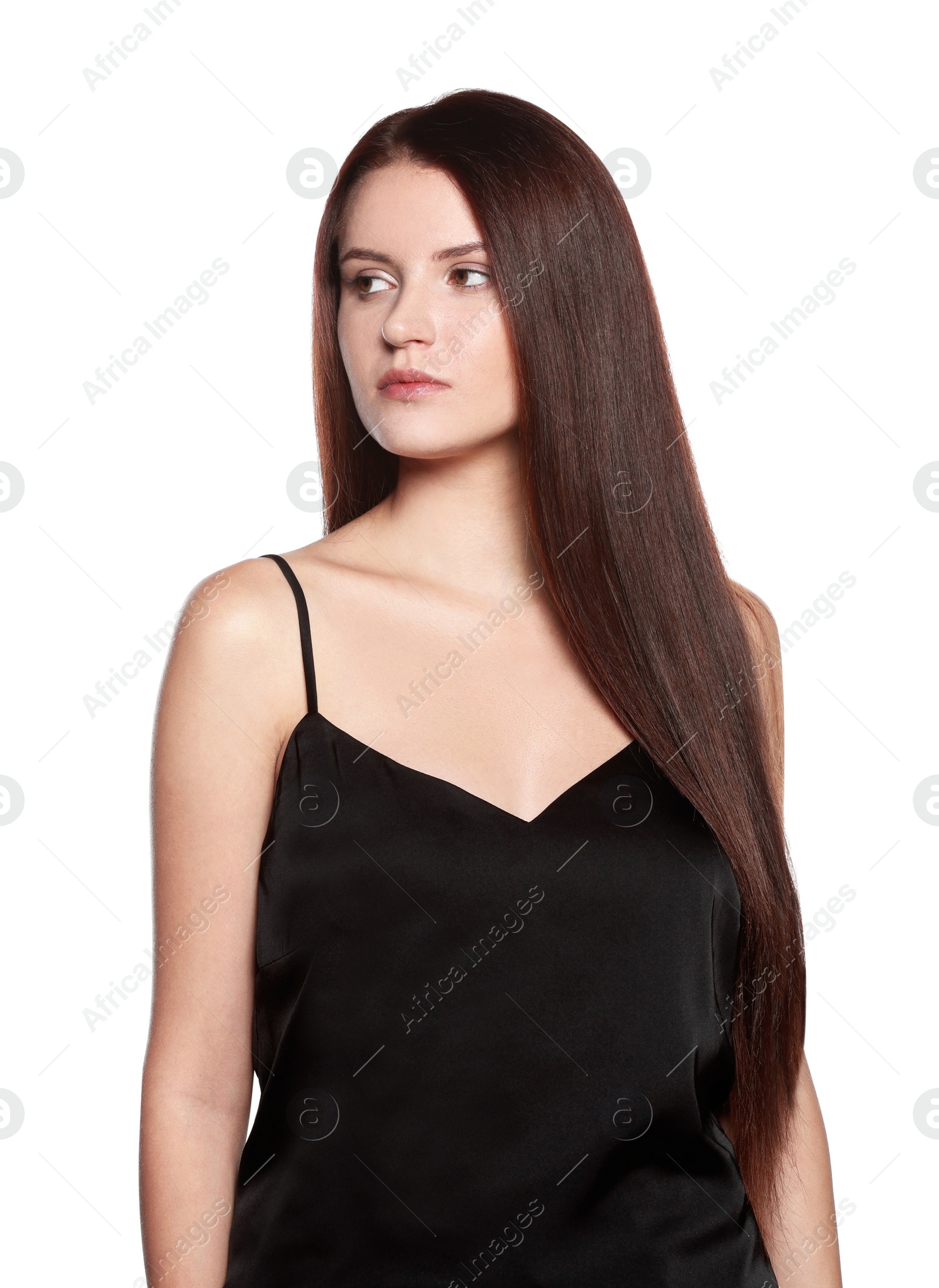 Photo of Portrait of beautiful young woman with healthy strong hair on white background