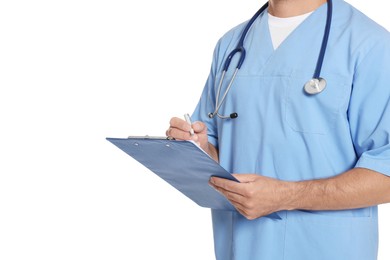 Photo of Doctor with stethoscope and clipboard on white background, closeup