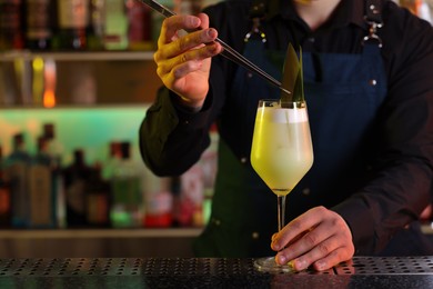 Photo of Bartender decorating fresh alcoholic cocktail with green leaves at bar counter, closeup