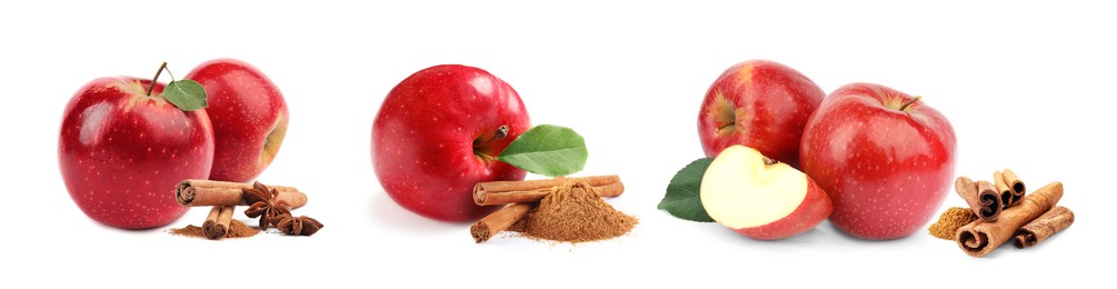 Image of Aromatic cinnamon sticks, powder and red apples isolated on white, set