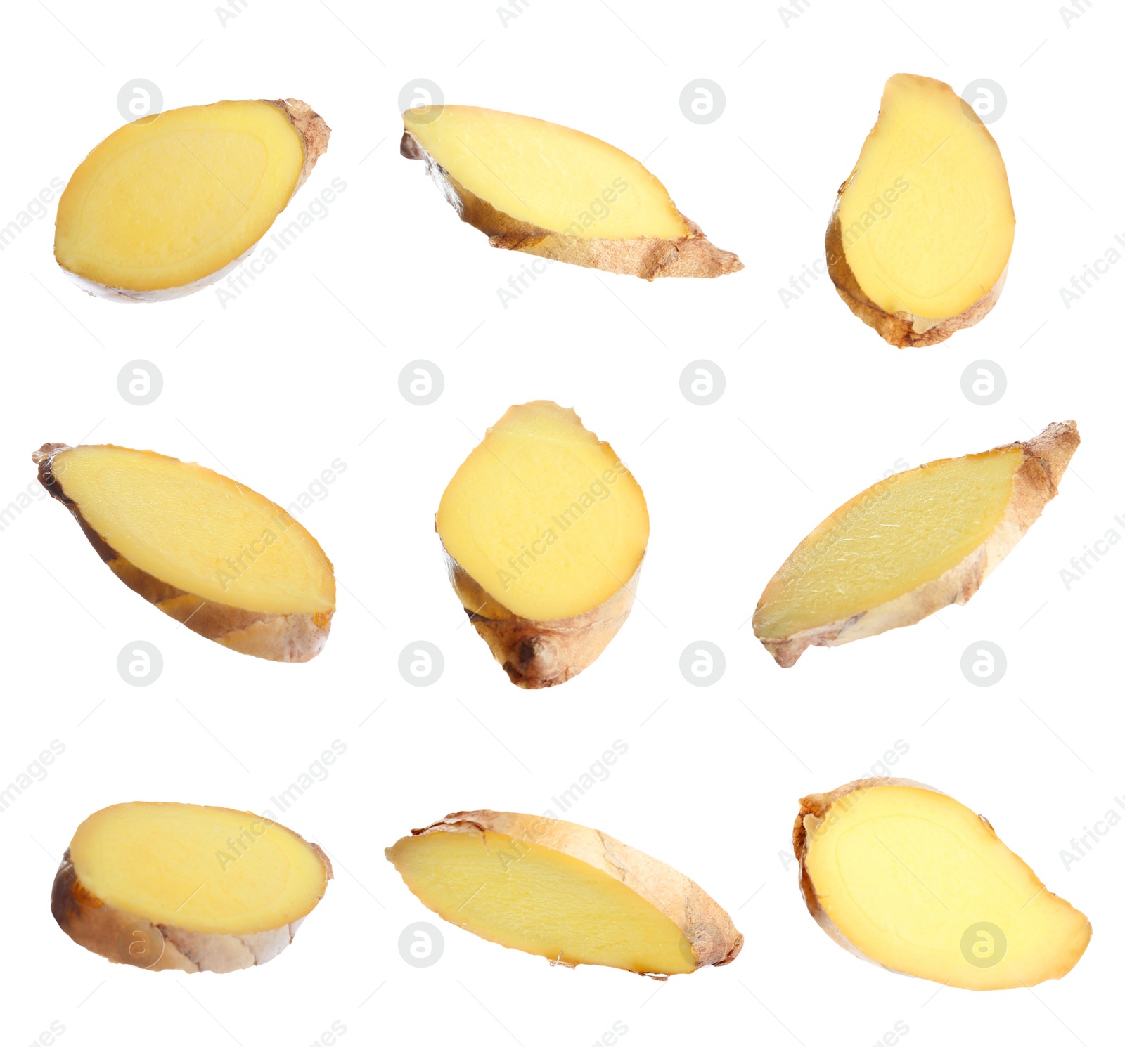 Image of Set of fresh ginger slices on white background