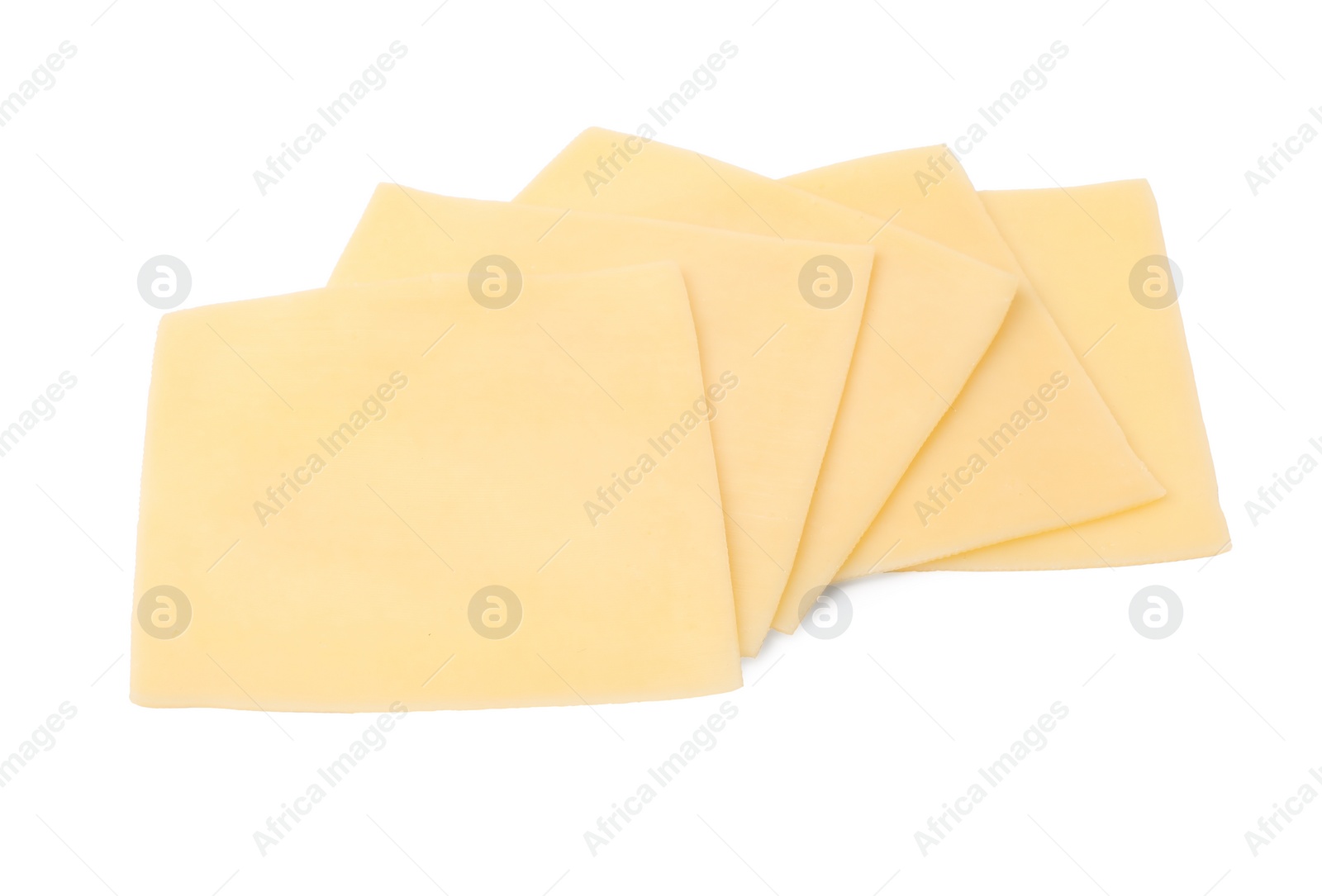 Photo of Slices of tasty fresh cheese isolated on white, above view