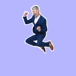 Pop art poster. Mature businessman in stylish clothes jumping on lilac background