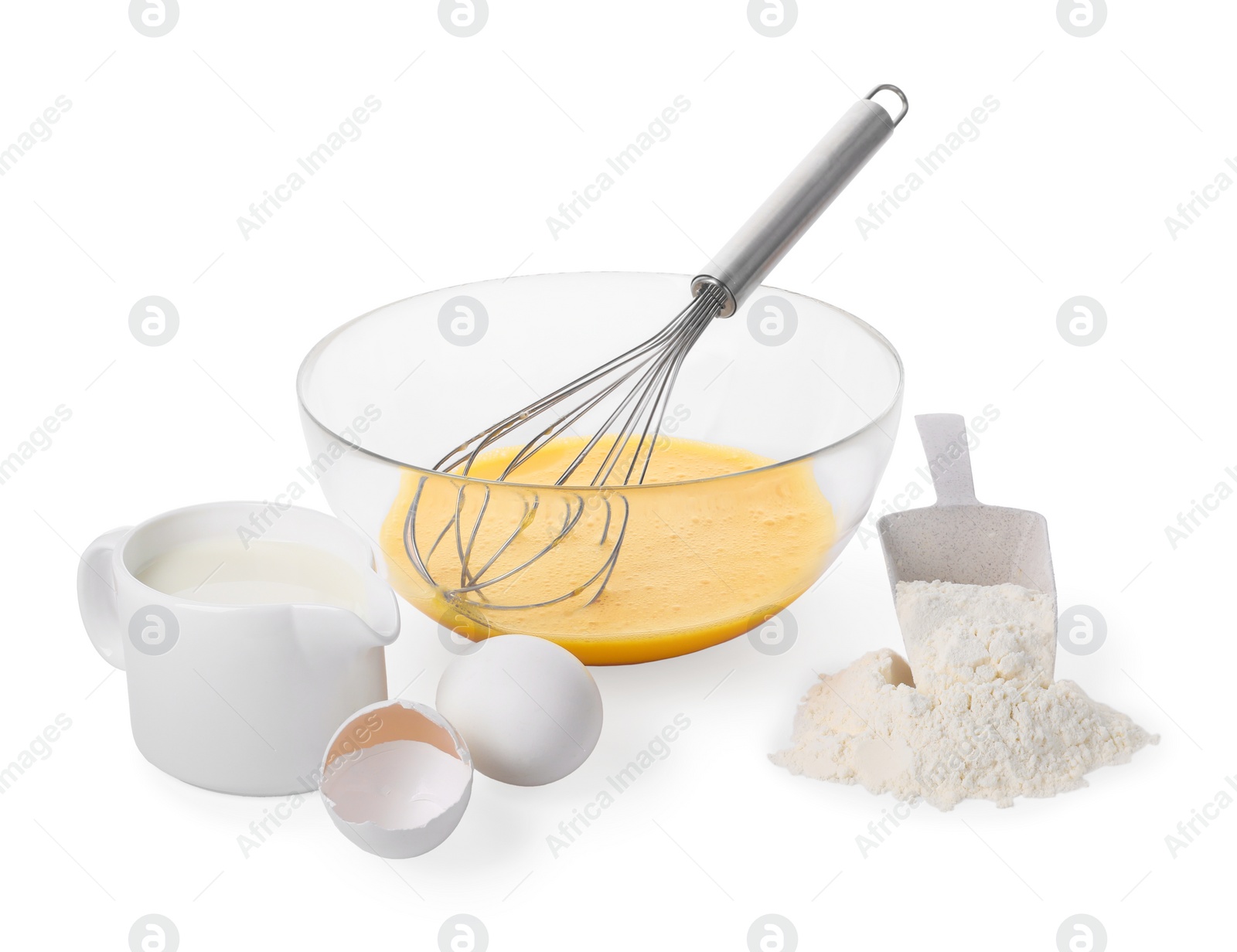 Photo of Making dough. Beaten eggs, metal whisk in bowl, flour and milk isolated on white