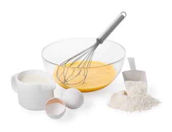 Making dough. Beaten eggs, metal whisk in bowl, flour and milk isolated on white