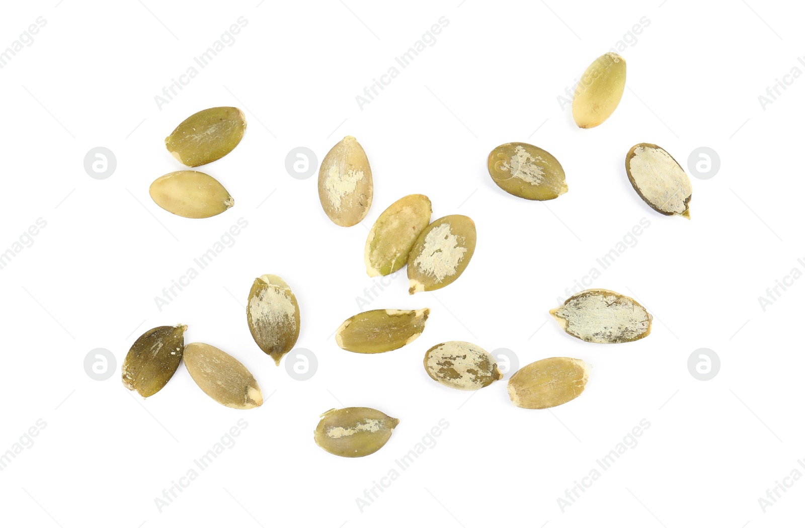 Photo of Raw peeled pumpkin seeds on white background, top view