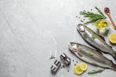 Photo of Flat lay composition with raw cutthroat trout fish on light grey marble table, space for text